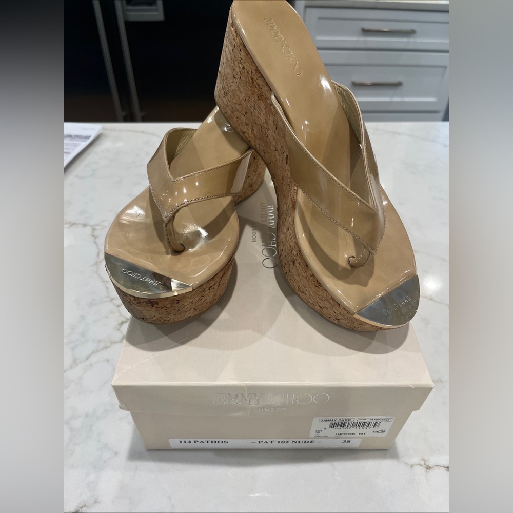 Jimmy Choo Wedge Thong Sandals Nude Patent Leatjer Size 38 And Original Box
